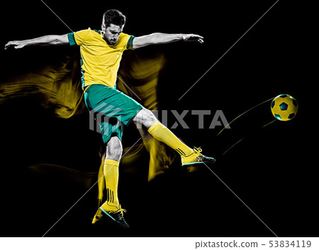 caucasian soccer player man isolated black background light painting 53834119