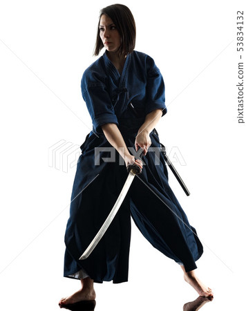 woman laido Katori Shinto ryu isolated shadow silhouette white background 53834132