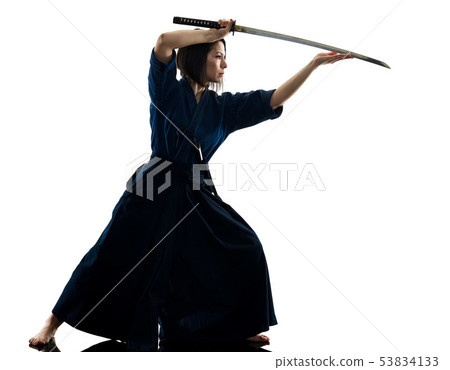 woman laido Katori Shinto ryu isolated shadow silhouette white background woman laido Katori Shinto ryu isolated shadow silhouette white background 53834133