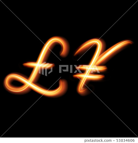 Glowing light symbols of Lira, Pound and Yen, 53834606