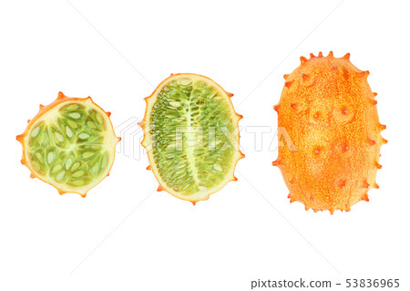 Kiwano or horned melon isolated on white background, Top view. Flat lay. Kiwano or horned melon isolated on white background, Top view. Flat lay. 53836965