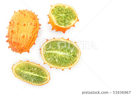 Kiwano or horned melon isolated on white background with copy space for your text. Top view. Flat 53836967