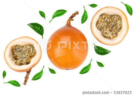 Granadilla or yellow passion fruit with leaf isolated on white background. Top view. Flat lay 53837025