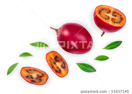Fresh tamarillo fruit with leaves isolated on white background. Top view. Flat lay Fresh tamarillo fruit with leaves isolated on white background. Top view. Flat lay 53837140