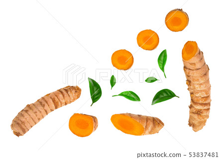 Turmeric root and slice isolated on white background with copy space for your text. Top view. Flat 53837481