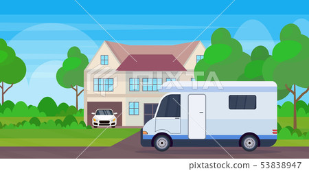 caravan car family trailer truck stayin near cottage house recreational travel vehicle preparing for caravan car family trailer truck stayin near cottage house recreational travel vehicle preparing for 53838947