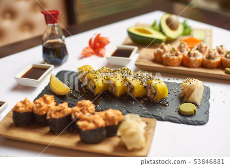 Tasty and delicious lunch from three courses in restaurant. Tasty and delicious lunch from three courses in restaurant. 53846881