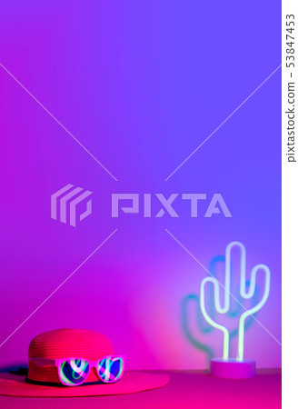 Summer with hat and sunglasses refection neon Summer with hat and sunglasses refection neon 53847453