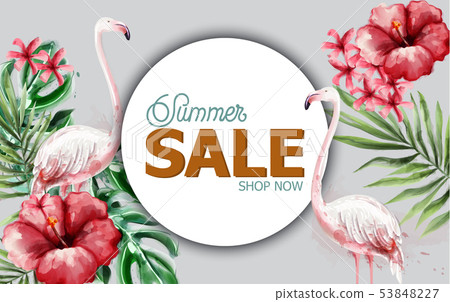 Summer tropic flowers and flamingo card Vector Summer tropic flowers and flamingo card Vector 53848227