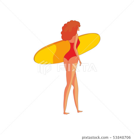 Red-haired woman with a surfboard. Vector illustration on white background. Red-haired woman with a surfboard. Vector illustration on white background. 53848706