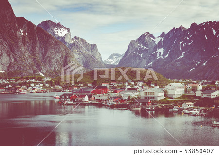 Reine fishing village on Lofoten islands, Reine fishing village on Lofoten islands, 53850407