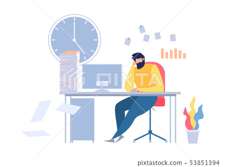 Unhappy Cartoon Man Sitting Office Table Workplace Stock