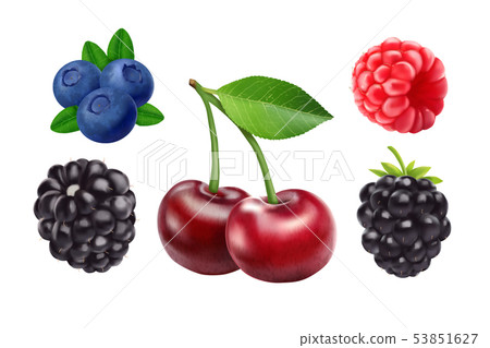 Blackberries cherry, blueberries and raspberries. 3d vector icon set. Realistic illustration Blackberries cherry, blueberries and raspberries. 3d vector icon set. Realistic illustration 53851627