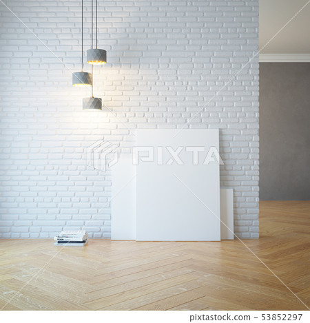 empty room with light and blank pictures 53852297