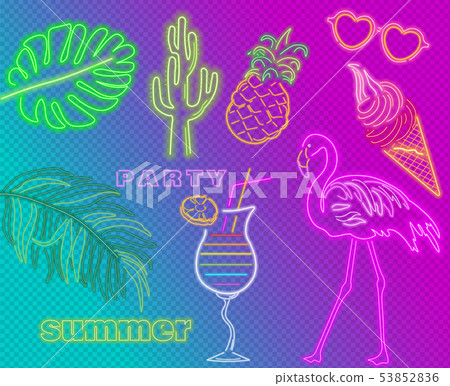 Neon flamingo, cocktails and palm leaves summer Neon flamingo, cocktails and palm leaves summer 53852836