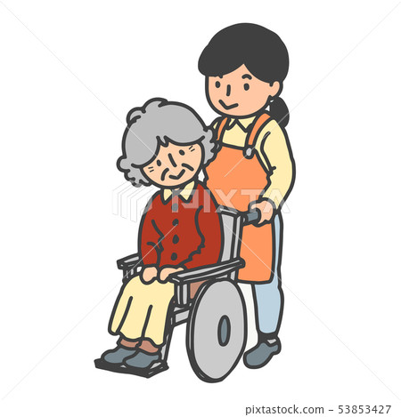 Care helper and grandmother pushing a wheelchair - Stock Illustration ...