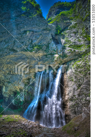 View to Gega waterfall and river in Abkhazia, View to Gega waterfall and river in Abkhazia, 53853800