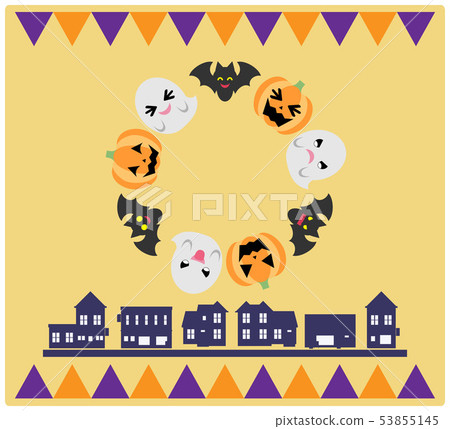 Halloween illustration (town, ghost, bat, pumpkin) 53855145