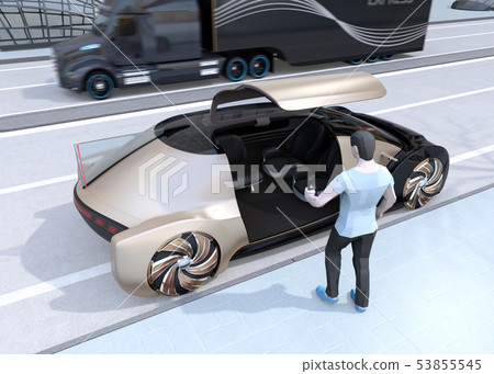 用智能手機預留自動駕駛汽車並上車的人的形象。騎共享概念 53855545