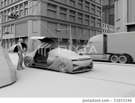 保留和駕駛有智能手機的一輛自動汽車的人的黏土翻譯圖像。騎共享概念 53855546