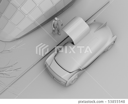 粘土渲染圖像的自動駕駛汽車和交付機器人的等軸測圖通過一個擾亂的交叉點 53855548