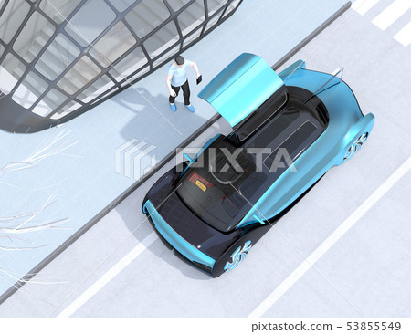 The image of the person who reserves an automatic driving car with a smartphone and gets on it. Ride share concept 53855549