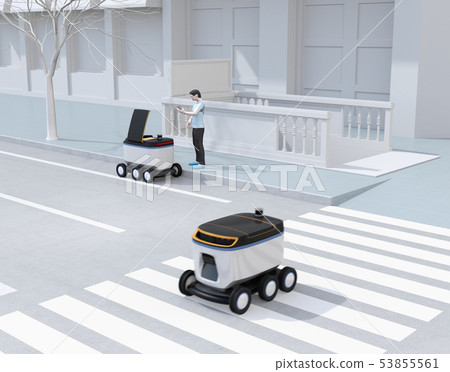 Delivery robot passing an intersection. Near there is a person who receives the package from the delivery robot with a smartphone app 53855561