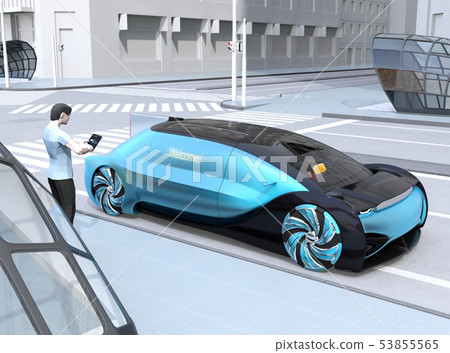 The word "Welcome" on the door of an autonomous car that came to pick you up for a rideshare reservation. Ride share concept 53855565