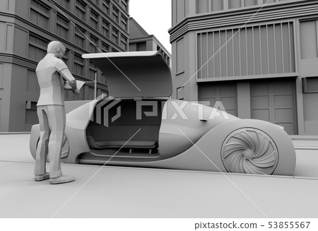 一輛自動駕駛汽車的粘土圖像來接你的乘車分享預訂。騎共享概念 53855567