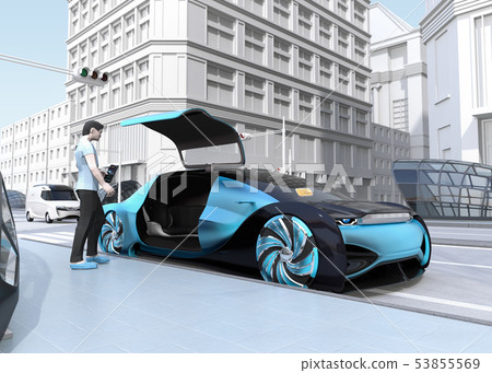 Image of an autonomous car that came to pick you up for a ride share reservation. Ride share concept 53855569