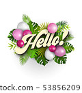 Text Hello with pink balloons and tropical leaves 53856209