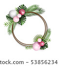 Festive frame with balloons and tropical leaves 53856234