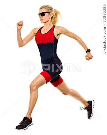 woman triathlon triathlete ironman runner running isolated white background woman triathlon triathlete ironman runner running isolated white background 53856389