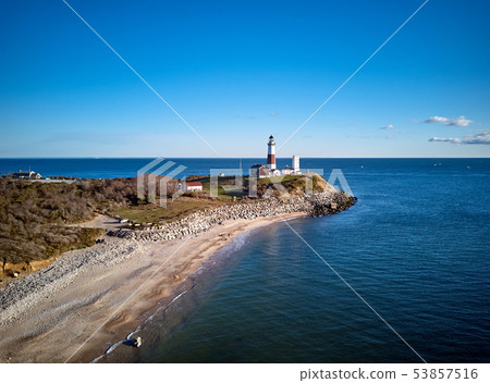 Montauk Lighthouse and beach aerial shot 53857516