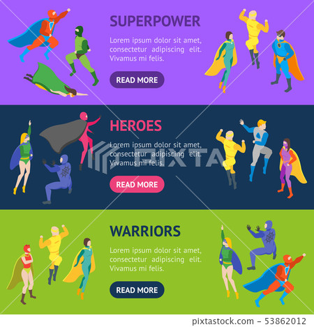 Cartoon Characters People Super Heroes Banner Horizontal Set. Vector 53862012