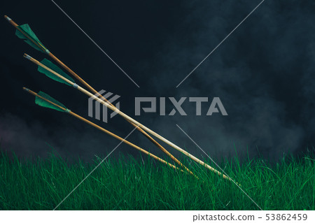 Three wooden arrows in the grass. Beautiful smog Three wooden arrows in the grass. Beautiful smog 53862459