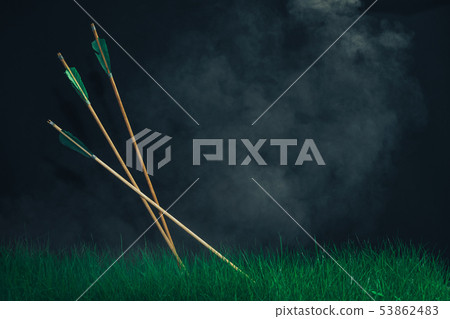 Three wooden arrows in the grass. Beautiful smog 53862483