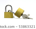 Two Brass Lock with key on white background 53863321