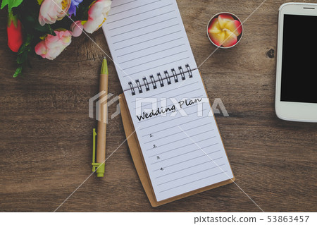 Wedding plan text on book note with cup of coffee, Wedding plan text on book note with cup of coffee, 53863457