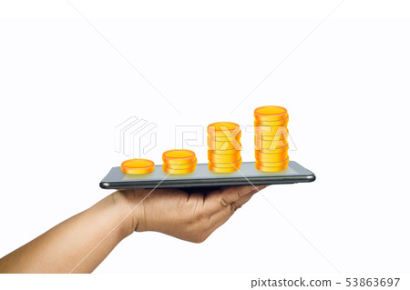 Hand hold a tablet and coins stack on screen Hand hold a tablet and coins stack on screen 53863697