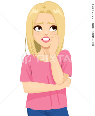 Stressed worried woman looking up hand on face 53864364