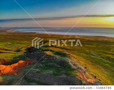 Beautiful distant view of salt lake Baskunchak in Astrakhan region, Russia 53864789