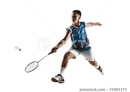 Little boy playing badminton isolated on white studio background Little boy playing badminton isolated on white studio background 53865373