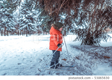 Little boy is 3-4 years old, winter children's skis first steps skis, active image of children 53865630