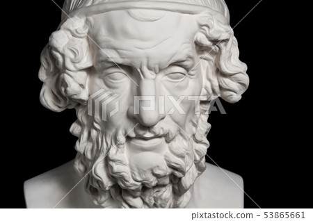 Gypsum copy of ancient statue Homer head isolated on black background. Plaster sculpture man face. 53865661