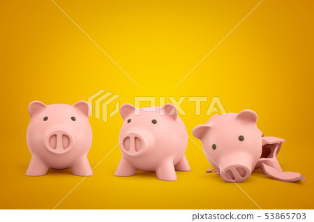3d rendering of two ceramic piggy banks with one broken into pieces on yellow background 3d rendering of two ceramic piggy banks with one broken into pieces on yellow background 53865703