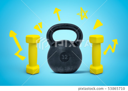 3d rendering of black kettlebell and two yellow dumbbells on blue background 53865710