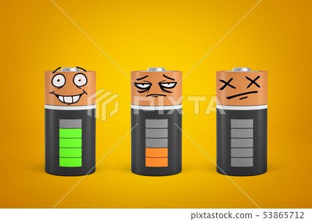3d rendering of three smiley faced discharged and fully charged batteries on yellow background 3d rendering of three smiley faced discharged and fully charged batteries on yellow background 53865712