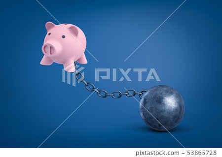 3d rendering of pink piggy bank chained to metal ball on blue background. 53865728
