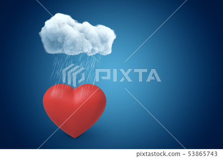 3d rendering of red valentine heart under raining cloud on blue gradient background with copy space. 3d rendering of red valentine heart under raining cloud on blue gradient background with copy space. 53865743
